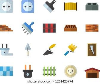 Color flat icon set brick wall flat vector, trowel, paint roller, Entrance door, sockets, tile, putty knife, fence, socket, plug, warehouse