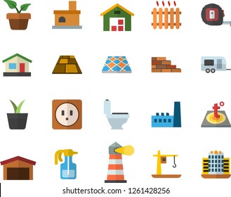 Color flat icon set brick wall flat vector, tape measure, toilet, sockets, flooring, warm floor, home plant, pulverizer, house, fireplace, manufactory, crane, radiator, lighthouse, warehouse, hotel