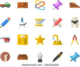 Color flat icon set brick wall flat vector, faucet, measure, pickup truck, dividers, helicopter, bone fracture, drawing pin, ink pen, pencil, hostory roll, weighing machine, waistline, hoop