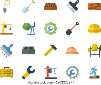 Color flat icon set brick wall flat vector, concrete mixer, tool bag, hard hat, repair, putty knife, construction plummet, hammer, shovel, crane, wrench, Treadmill