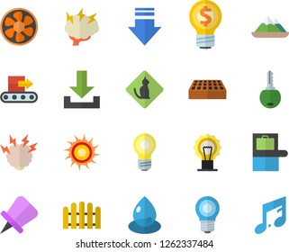 Color flat icon set brick flat vector, fence, ventilation, lamp, conveyor, drop, idea, brainstorm, baggage claim fector, sun, pets allowed, mountains, download, drawing pin, key, note