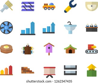 Color flat icon set brick wall flat vector, sink, spaghetti on a fork, pancakes, nesting box, ventilation, conveyor, wrench, chart, flipchart, meeting, paper tray, lunar rover, achievement