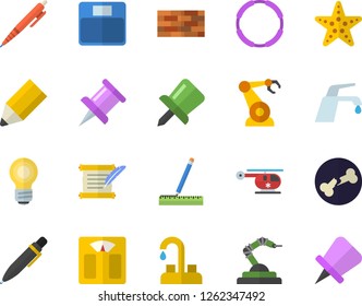 Color flat icon set brick wall flat vector, faucet, measure, robotics, helicopter, bone fracture, drawing pin, pencil, pen, bulb, hostory roll, weighing machine, hoop, starfish fector