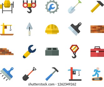 Color flat icon set brick wall flat vector, hook, concrete mixer, trowel, tool bag, hard hat, repair, putty knife, hammer, shovel, crane, wrench, Treadmill