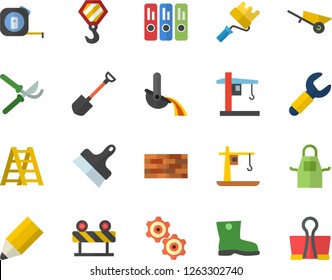 Color flat icon set brick wall flat vector, hook, wheelbarrow, tape measure, ladder, paint roller, putty knife, barrier, apron, shovel, secateurs, gumboots, crane, wrench, metallurgy, folder, pencil