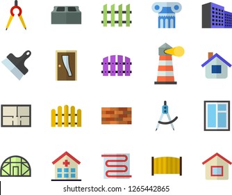 Color flat icon set brick wall flat vector, window, house layout, Entrance door, putty knife, fence, warm floor, greenhouse, dividers, lighthouse, hospital, office building, antique column fector