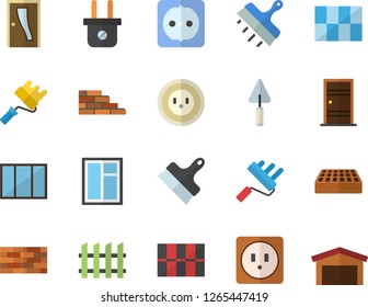 Color flat icon set brick wall flat vector, window, trowel, paint roller, Entrance door, sockets, tile, putty knife, fence, socket, plug, warehouse