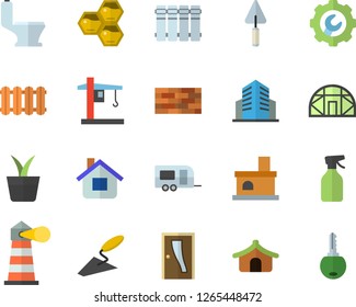 Color flat icon set brick wall flat vector, trowel, toilet, Entrance door, repair, heating batteries, honeycomb, home plant, pulverizer, house, greenhouse, fireplace, crane, lighthouse, tent, key