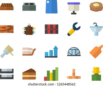 Color flat icon set brick wall flat vector, sink, pipes, tile, cutting board, spaghetti on a fork, piece of cake, pancakes, greenhouse, wrench, chart, flipchart, meeting, paper tray, achievement