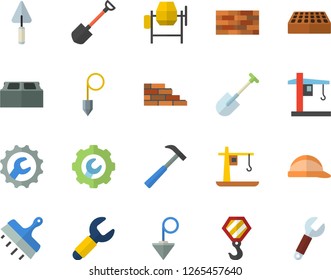 Color flat icon set brick wall flat vector, hook, concrete mixer, trowel, hard hat, repair, putty knife, construction plummet, hammer, shovel, crane, wrench
