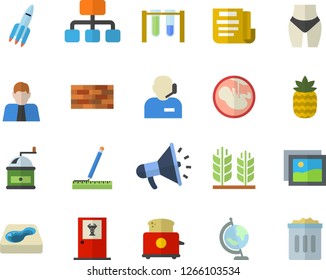 Color flat icon set brick wall flat vector, measure, coffee grinder, toaster, pineapple, pool, hierarchy, person, mouthpiece, embryo, document, phone operator, rocket, globe, beakers, ear, waistline