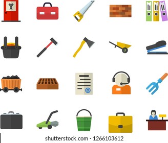 Color flat icon set brick wall flat vector, wheelbarrow, saw, ax, pitchfork, bucketful, lawn mower, mining, metallurgy, case, telephone operator, briefcase, folder, contract, stapler, reception desk