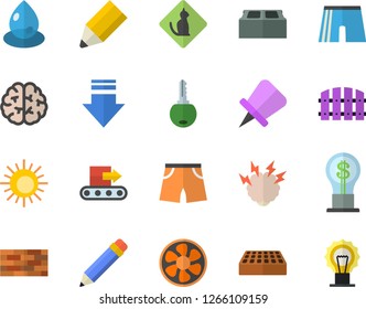 Color flat icon set brick wall flat vector, fence, ventilation, conveyor, drop, idea, pencil, brainstorm, brain, athletic shorts, sun fector, pets allowed, download, drawing pin, key, lamp