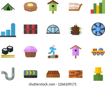 Color flat icon set brick wall flat vector, pipes, tile, cupcake, piece of cake, fish rolls, pancakes, nesting box, greenhouse, ventilation, conveyor, chart, meeting, lunar rover, Treadmill