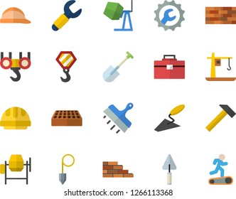 Color flat icon set brick wall flat vector, hook, concrete mixer, trowel, tool bag, hard hat, repair, putty knife, construction plummet, hammer, shovel, crane, wrench, Treadmill