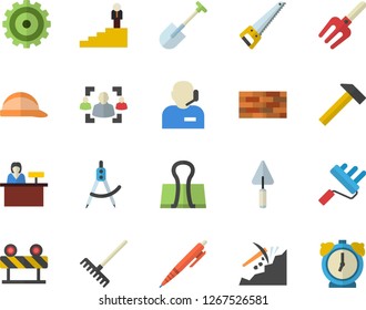 Color flat icon set brick wall flat vector, trowel, saw, paint roller, hard hat, hammer, barrier, pitchfork, shovel, rake, dividers, mining, cogwheel, recruitment, phone operator, career ladder, pen