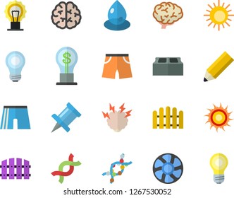 Color flat icon set brick flat vector, fence, ventilation, drop, idea, DNA, pencil, bulb, brainstorm, brain, athletic shorts, sun fector, drawing pin, lamp