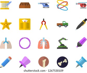 Color flat icon set brick flat vector, pickup truck, robotics, dividers, marker, helicopter, bone fracture, lungs, pencil, pen, hostory roll, weighing machine, hoop, starfish fector, drawing pin