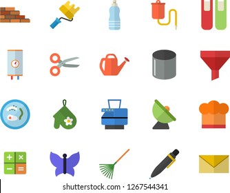 Color flat icon set brick wall flat vector, paint roller, boiler, cook hat, potholder, rake, watering can, butterflies, satellite antenna, pipe production, funnel, calculator, medical warmer, book