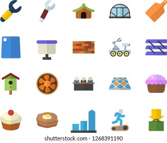 Color flat icon set brick wall flat vector, flooring, cutting board, cupcake, pancakes, nesting box, greenhouse, ventilation, wrench, chart, flipchart, meeting, paper tray, lunar rover, Treadmill