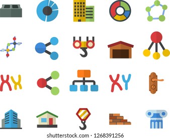 Color flat icon set brick wall flat vector, hook, door lock, skyscraper, house, warehouse, hierarchy, molecules, chromosomes, office building, clircle diagram, molecule, dna, antique column fector