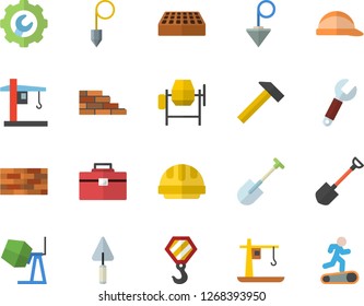 Color flat icon set brick wall flat vector, hook, concrete mixer, trowel, tool bag, hard hat, repair, construction plummet, hammer, shovel, crane, wrench, Treadmill