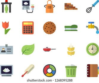 Color flat icon set brick wall flat vector, frying pan, apron, whisk, ear, biscuit, tulip, water tap, tree leaf, ultrasound, clock, clircle diagram, stapler, calculator, control gate fector, badge
