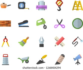 Color flat icon set brick wall flat vector, hook, trowel, wheelbarrow, tape measure, ladder, paint brush, stationery knife, saute, scissors, mixer, sieve, grater, welding, dividers, ink pen, printer