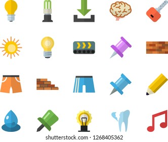 Color flat icon set brick wall flat vector, lamp, conveyor, energy saving, drop, broken tooth, drawing pin, pencil, bulb, brain, athletic shorts, sun fector, download, key, note