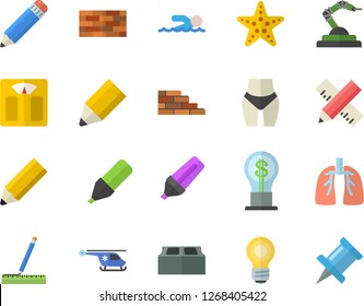 Color flat icon set brick wall flat vector, measure, robotics, marker, idea, helicopter, lungs, pencil, bulb, weighing machine, waistline, swimming, starfish fector, drawing pin
