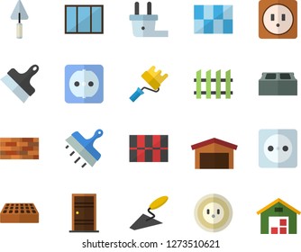 Color flat icon set brick wall flat vector, window, trowel, paint roller, Entrance door, sockets, tile, putty knife, fence, socket, plug, warehouse