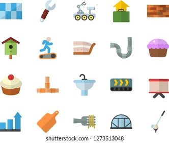 Color flat icon set brick wall flat vector, sink, pipes, tile, cutting board, spaghetti on a fork, cupcake, piece of cake, nesting box, greenhouse, conveyor, wrench, flipchart, lunar rover, golf