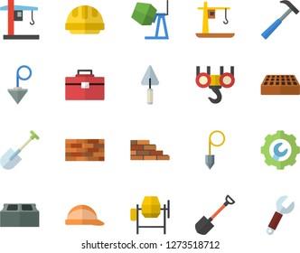 Color flat icon set brick wall flat vector, hook, concrete mixer, trowel, tool bag, hard hat, repair, construction plummet, hammer, shovel, crane, wrench