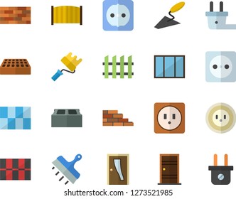 Color flat icon set brick wall flat vector, window, trowel, paint roller, Entrance door, sockets, tile, putty knife, fence, socket, plug