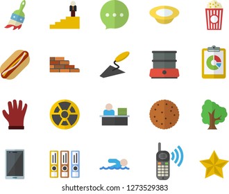 Color flat icon set brick wall flat vector, trowel, double boiler, biscuit, hot dog, dish, popcorn, tree, paint brush, gloves, radiation, graphic report, phone call, office worker, career ladder