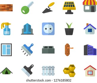 Color flat icon set brick wall flat vector, window, trowel, door lock, sockets, putty knife, heating batteries, honeycomb, home plant, pulverizer, house, solar battery, store front, office building