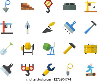 Color flat icon set brick wall flat vector, hook, concrete mixer, trowel, tool bag, putty knife, construction plummet, hammer, shovel, crane, wrench, Treadmill