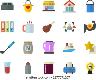 Color flat icon set brick flat vector, hiking pot, electric kettle, apron, ladle, ham, tea, jam, fertilizer vectory, grain warehouse, blood test, hospital, recruitment, printer, folders for papers