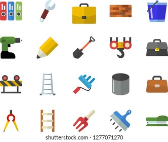 Color flat icon set brick wall flat vector, hook, drill screwdriver, paint roller, putty knife, barrier, pitchfork, shovel, bucketful, ladder, pipe production, dividers, wrench, case, briefcase