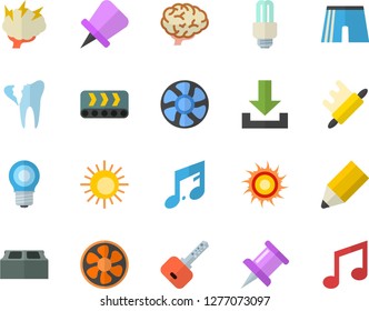 Color flat icon set brick flat vector, rolling pin, ventilation, lamp, conveyor, broken tooth, drawing, pencil, energy saving fector, brainstorm, brain, athletic shorts, sun, download, key, note