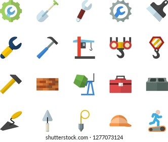 Color flat icon set brick wall flat vector, hook, concrete mixer, trowel, tool bag, hard hat, repair, putty knife, construction plummet, hammer, shovel, crane, wrench, Treadmill