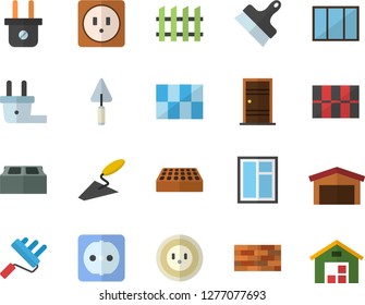Color flat icon set brick wall flat vector, window, trowel, paint roller, Entrance door, sockets, tile, putty knife, fence, socket, plug, warehouse
