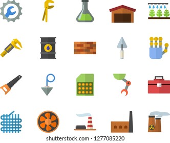 Color flat icon set brick wall flat vector, trowel, tool, saw, bag, repair, construction plummet, sprinkling machine, ventilation, trammel, chemistry, factory, oil tanks, manufactory, SIM card