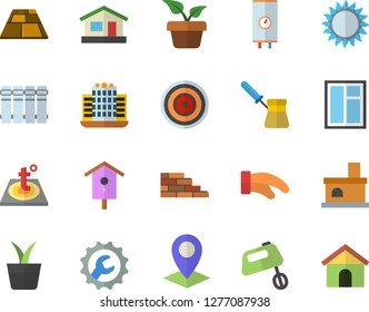 Color Flat Icon Set Brick Wall Flat Vector, Window, Repair, Flooring, Warm Floor, Heating Batteries, Boiler, Potholder, Turk, Induction Cooker, Gas, Mixer, Nesting Box, Home Plant, House, Fireplace