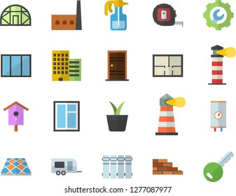 Color flat icon set brick wall flat vector, window, tape measure, house layout, Entrance door, skyscraper, repair, flooring, heating batteries, boiler, nesting box, home plant, pulverizer, key