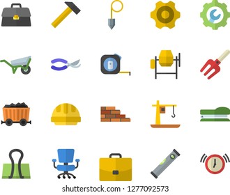 Color flat icon set brick wall flat vector, concrete mixer, wheelbarrow, cogwheel, tape measure, level meter, hard hat, repair, construction plummet, hammer, pitchfork, secateurs, crane, mining
