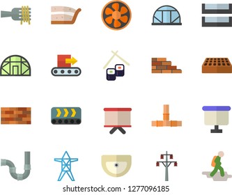 Color flat icon set brick wall flat vector, sink, pipes, spaghetti on a fork, piece of cake, fish rolls, greenhouse, ventilation, power line support, conveyor, flipchart, paper tray, hike fector
