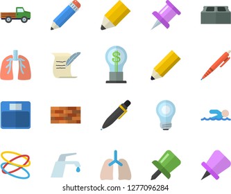 Color flat icon set brick wall flat vector, faucet, pickup truck, idea, lungs, drawing pin, pencil, pen, bulb, hostory roll, weighing machine, swimming, hoop