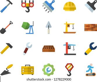 Color flat icon set brick wall flat vector, hook, concrete mixer, trowel, tool bag, hard hat, repair, putty knife, hammer, shovel, crane, wrench, Treadmill
