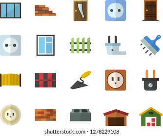 Color flat icon set brick wall flat vector, window, trowel, Entrance door, sockets, tile, putty knife, fence, socket, plug, warehouse